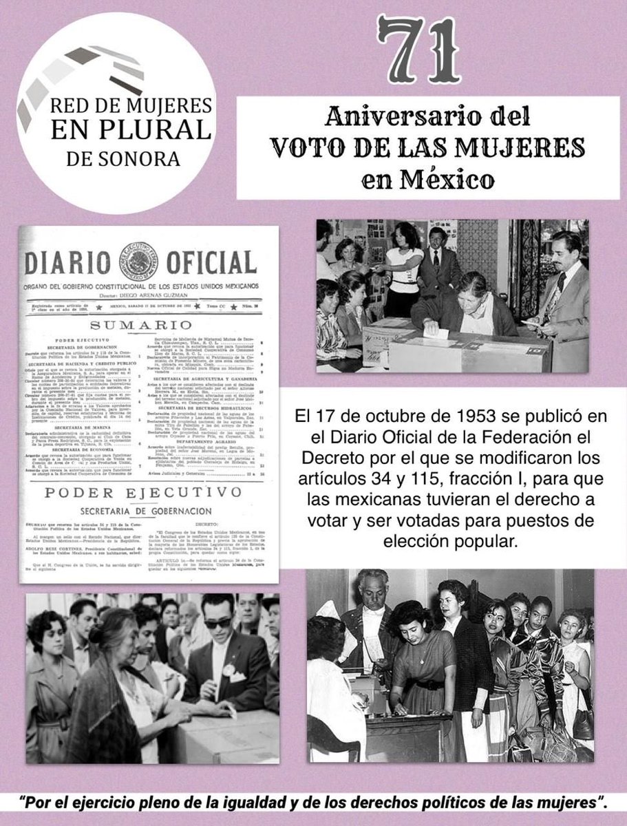 A 71 años del reconocimiento de la ciudadanía de las mujeres mexicanas, y del derecho al voto, celebramos los grandes avances, con el compromiso de seguir buscando se garanticen todos los derechos políticos de las mujeres sonorenses.
“Por el ejercicio pleno de la igualdad” 💜