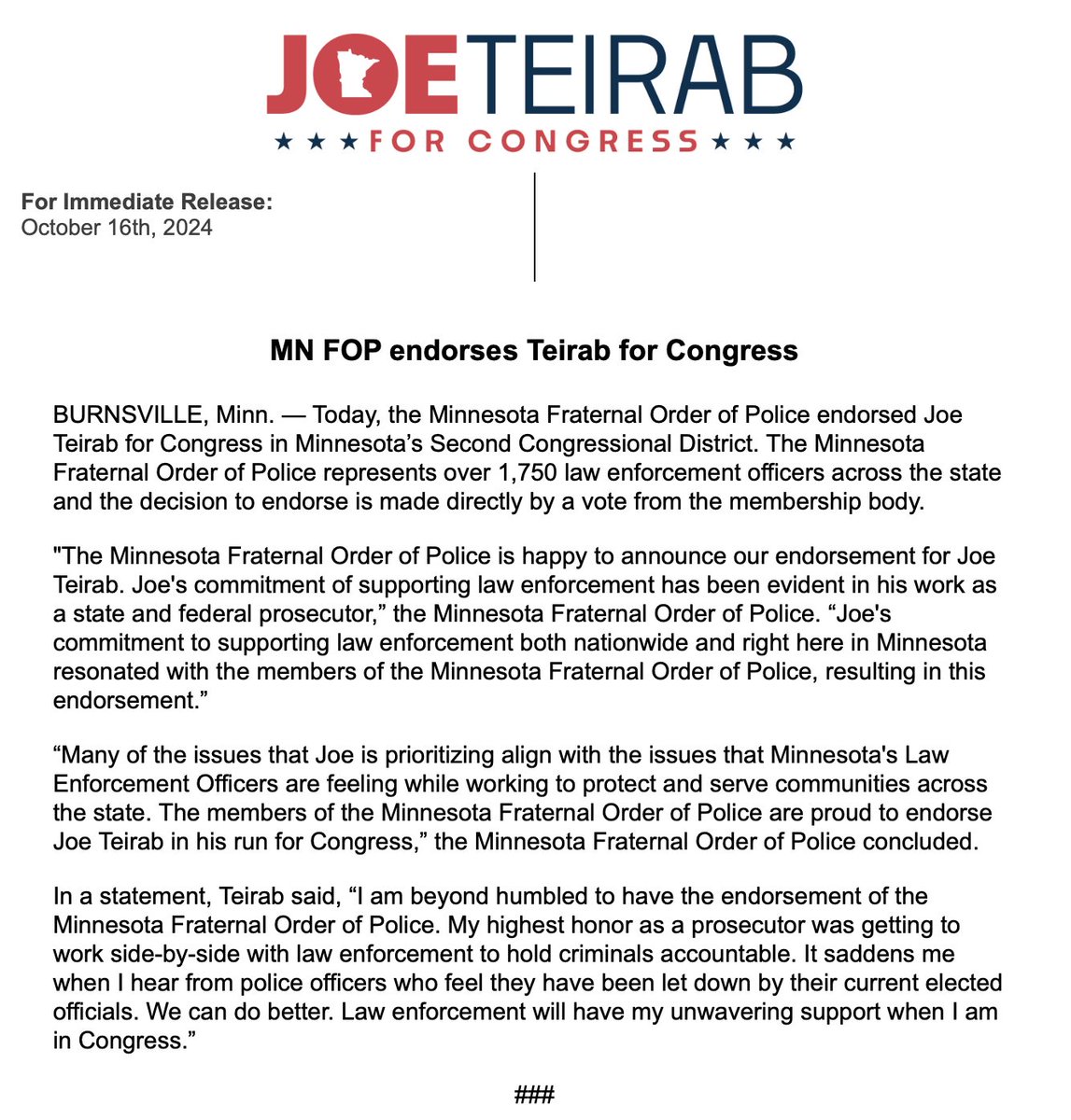 JoeTeirab's tweet image. I’m honored to announce that I have received the endorsement of the Minnesota Fraternal Order of Police! 

My highest honor as a prosecutor was getting to work side-by-side with law enforcement to hold criminals accountable. It saddens me when I hear from police officers who feel…