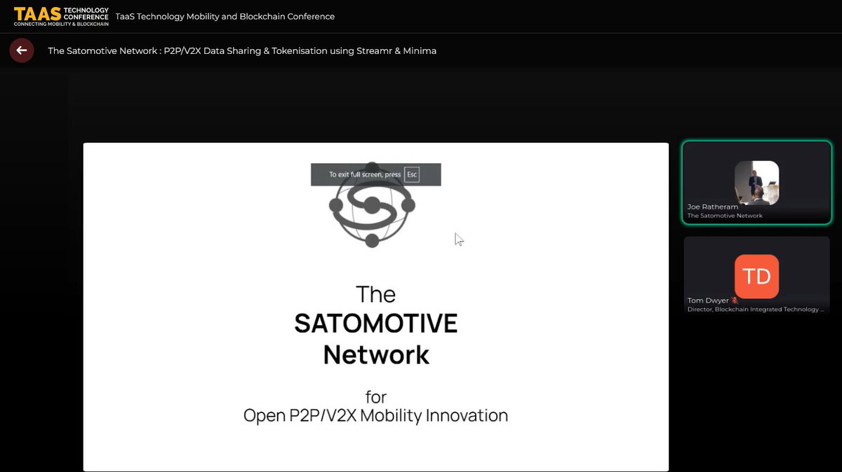 Thank you to Joe Ratheram at The Satomotive Network for their talk on 'P2P/V2X Data Sharing &amp; Tokenisation using Streamr &amp; Minima'! 

Missed it? Register now and receive on-demand content! 

lnkd.in/egE4Nhsc 

#TaaSConference#TaaSOnline