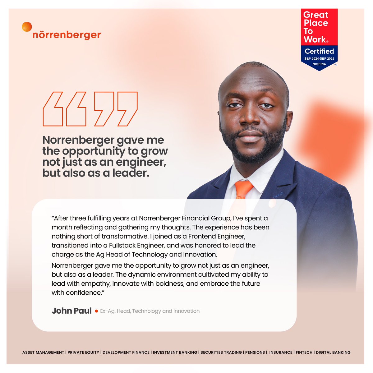 Norrenberger's tweet photo. We say we have a culture of excellence. 

But do not take our word for it. Let's hear from our employees, past and present on why we are indeed a #GreatPlacetoWork

#norrenberger #financecompany https://t.co/uAtHNu44ey