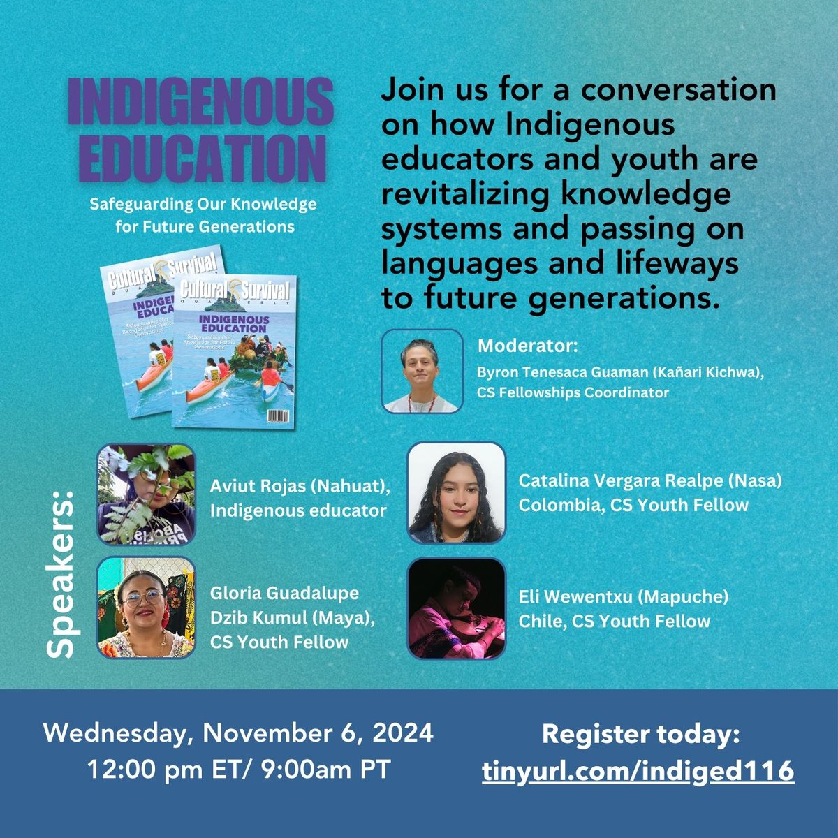 CSORG's tweet photo. Join us on November 6, 2024, at 12 PM ET / 9 AM PT for a discussion on how #IndigenousEducators empower #IndigenousYouth to revitalize knowledge systems, languages, and lifeways.

Register here: https://t.co/T1UjKRfwXb

This webinar is part of our #CulturalSurvivalQuarterly https://t.co/ws5FNBAdlQ