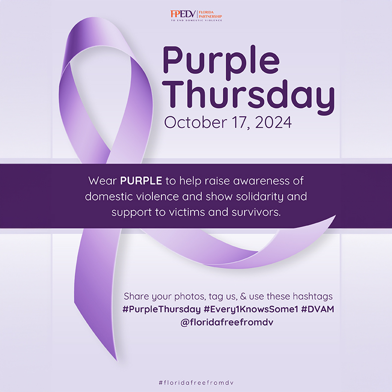 October is Domestic Violence Awareness Month, highlighting ongoing &amp; widespread health crisis of domestic violence. Wear PURPLE to raise awareness of domestic violence &amp; show solidarity &amp; support to victims &amp; survivors. Share photos using #PurpleThursday #Every1KnowsSome1 #DVAM