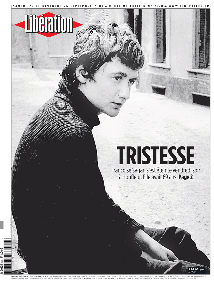libe's tweet photo. «Tristesse» : Françoise Sagan est morte il y a 20 ans. @Libe lui consacrait cette magnifique une, archive du 25 septembre 2004. 

Vous pouvez (re)lire ce numéro spécial en découvrant la newsletter Culture de Libération : https://t.co/s5aO9cLsi0