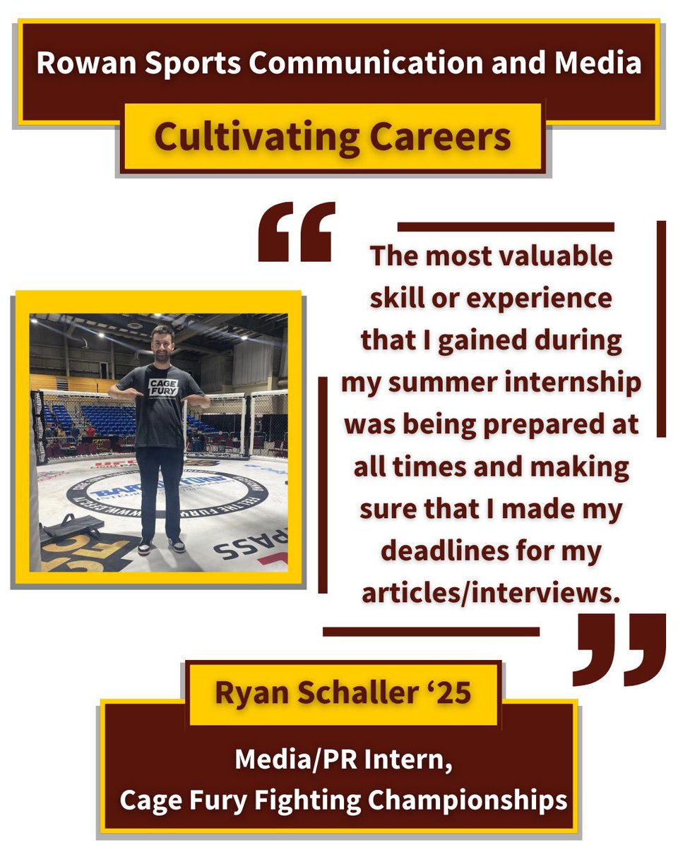 Cultivating Careers continues! Ryan Schaller ‘25 shares  the importance of being prepared from his internship experience with <a href="/CFFCMMA/">Cage Fury Fighting Championships (CFFC)</a> 👏

#rowan #internships #cffc