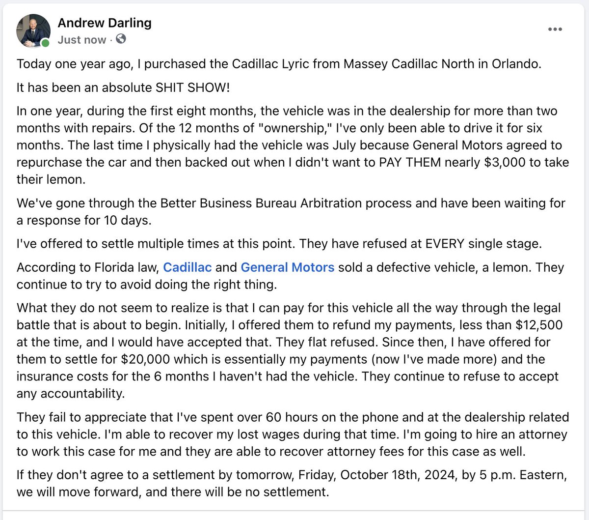Hey <a href="/Cadillac/">Cadillac</a> and <a href="/GM/">General Motors</a>, I'm giving you until tomorrow to make this right. May the odds ever be in your favor! 

 Sell lemons and ask me to pay you to take the vehicle back? I've offered to settle multiple times. 

Last chance.