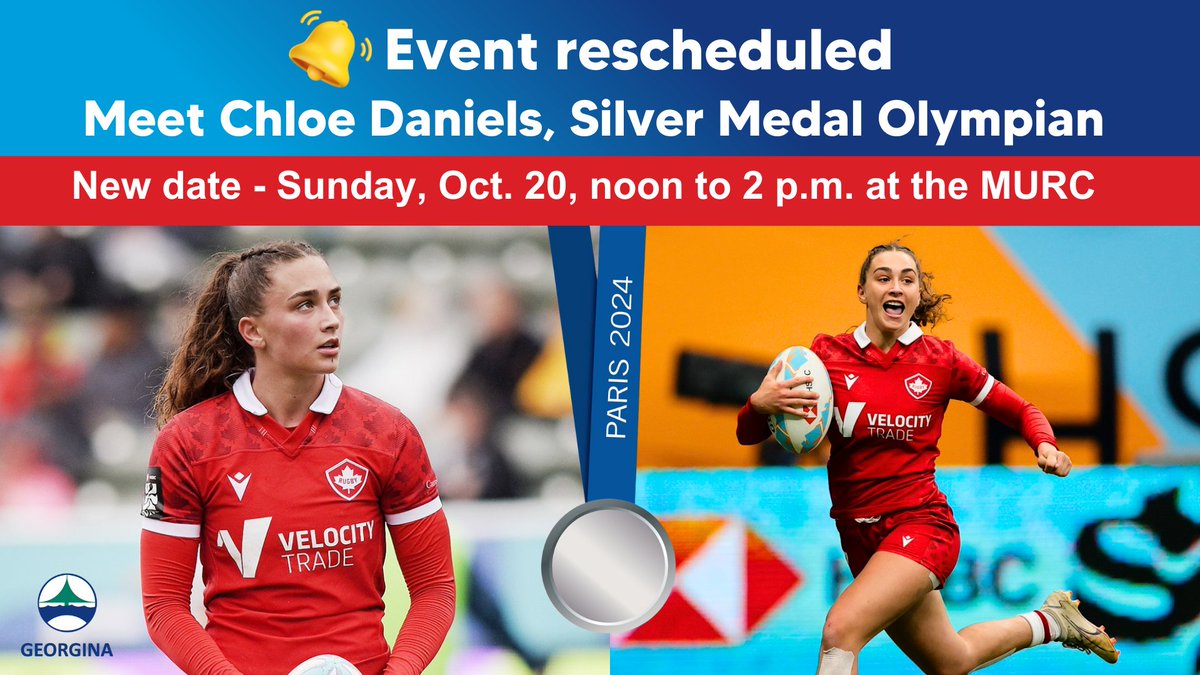 Meet Chloe Daniels, Georgina's hometown Olympic silver medalist this Sunday, Oct. 20, from noon to 2pm at the MURC. Chloe, Team Canada's Women's Rugby Sevens vice-captain will share her story with opportunities for autographs, photos &amp; medal viewing. georgina.ca/events