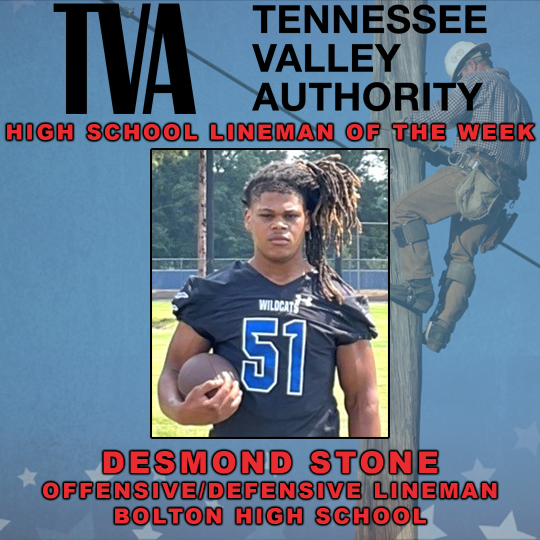 AZOLibertyBowl's tweet photo. Congratulations to this week's TVA High School Football Lineman of the Week, Desmond Stone from Bolton High School. Desmond is a senior OL/DL for @BHS_WILDCATS_FB. https://t.co/Bkb1f6ppLB