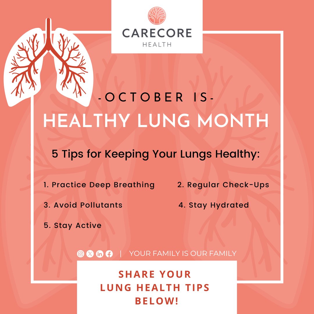 CarecoreH's tweet photo. October is Healthy Lung Month! Breathe easy with these tips for keeping your lungs in top shape: 1️⃣ Stay active and exercise regularly 2️⃣ Practice deep breathing 3️⃣ Avoid pollutants. 🌬️💪 #HealthyLungMonth #Wellness https://t.co/gWxH7Pdn9W