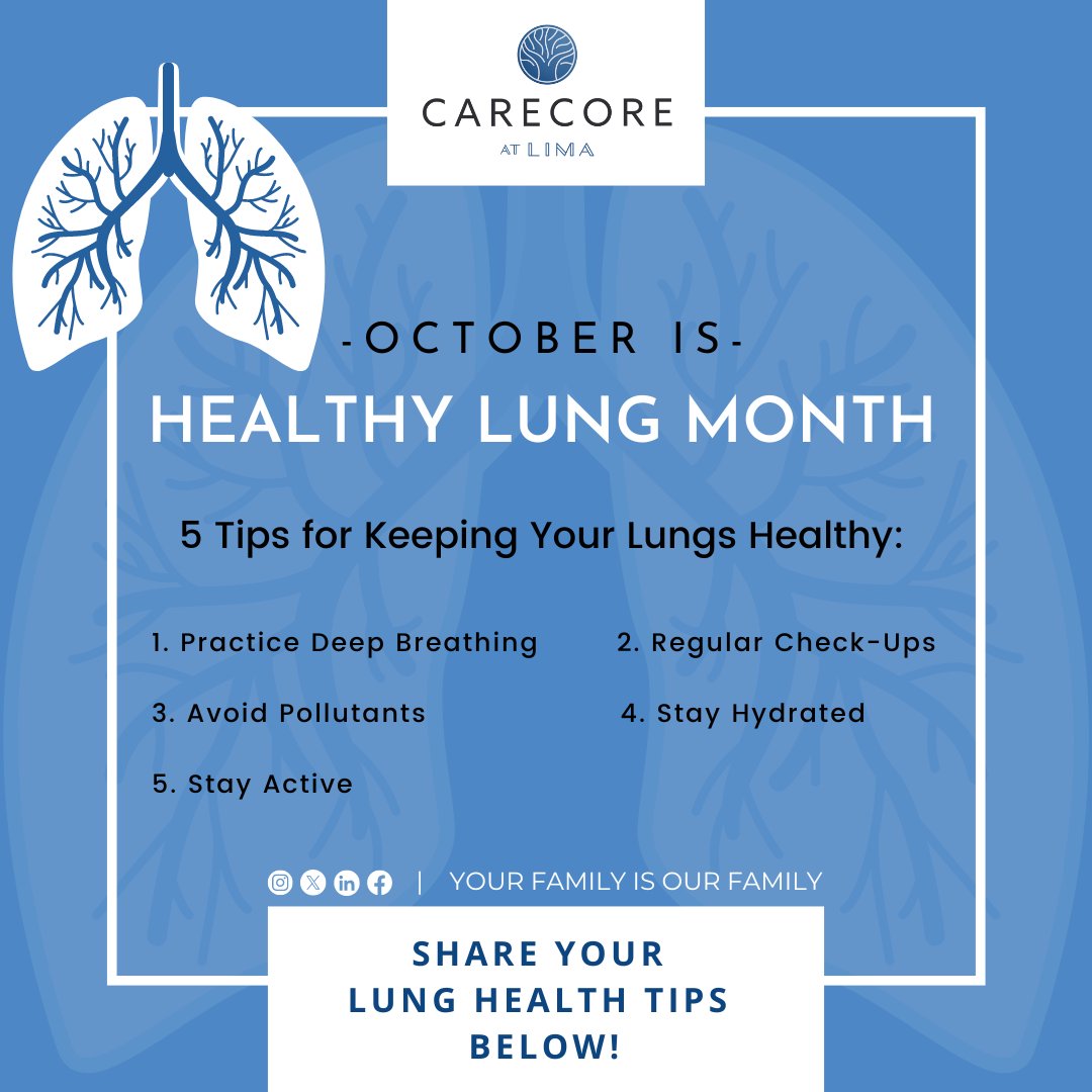 CarecoreLima's tweet photo. October is Healthy Lung Month! Breathe easy with these tips for keeping your lungs in top shape: 1️⃣ Stay active and exercise regularly 2️⃣ Practice deep breathing 3️⃣ Avoid pollutants. 🌬️💪 #HealthyLungMonth #Wellness https://t.co/RU13PhdsY1