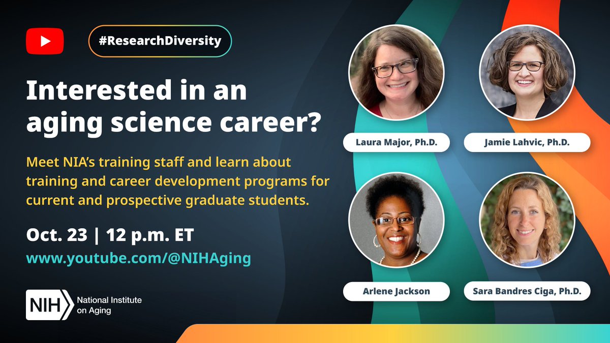 Grad students!  Don’t miss out on a chance to learn about NIA’s training &amp; career opportunities. Send in questions for our training staff and hear their answers at the Oct. 23 YouTube Q&amp;A. Learn more: go.nia.nih.gov/4eoGabD #ResearchDiversity