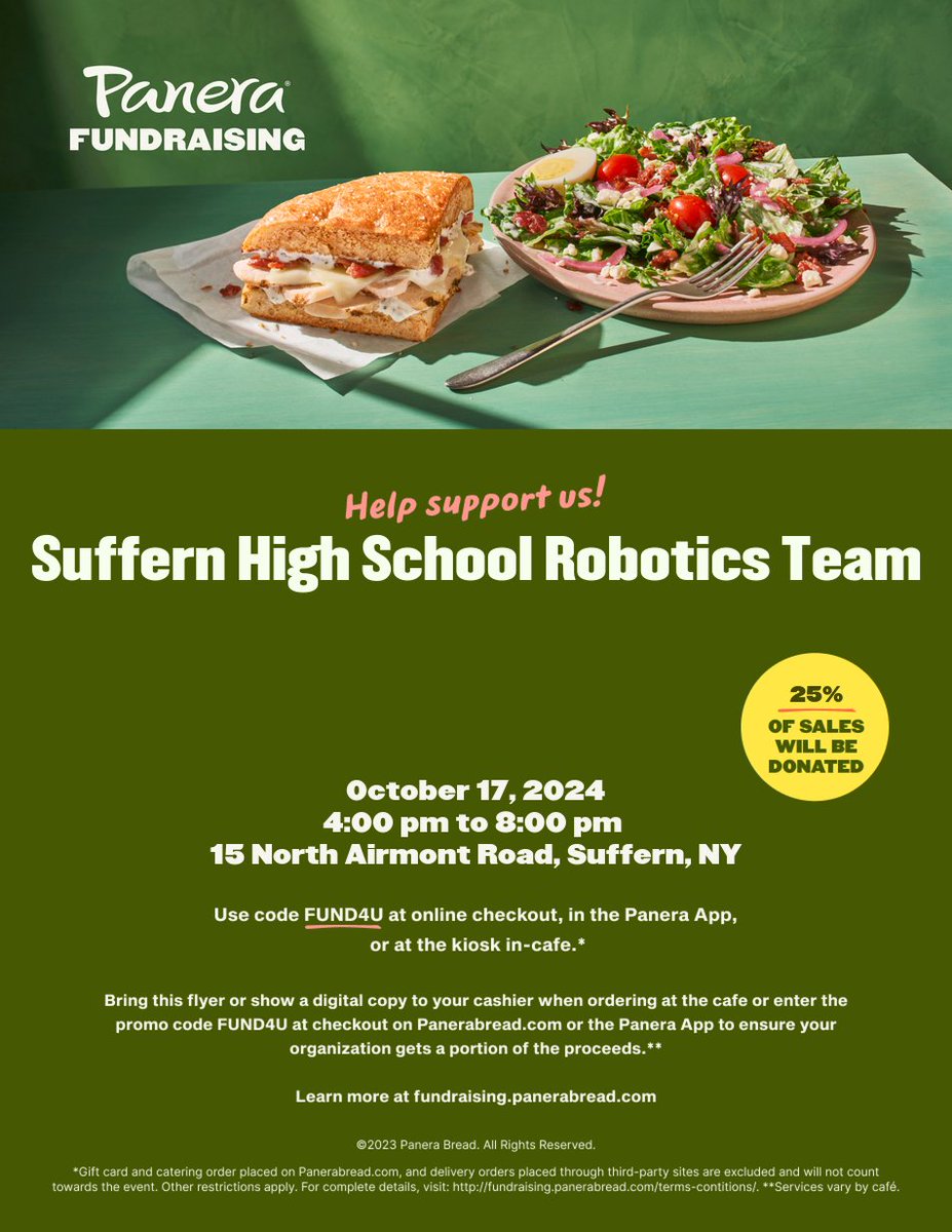 Suffern Robotics (FTC 7486) (@suffernrobotics) on Twitter photo Come out today and order <a href="/panerabread/">Panera Bread</a>! (15 North Airmont Road) between 4 and 8 PM, Thursday, October 17. Present the attached flyer to the cashier when ordering. If ordering through the app or in-store kiosk, enter promo code FUND4U at checkout. Come out today and order <a href="/panerabread/">Panera Bread</a>! (15 North Airmont Road) between 4 and 8 PM, Thursday, October 17. Present the attached flyer to the cashier when ordering. If ordering through the app or in-store kiosk, enter promo code FUND4U at checkout.