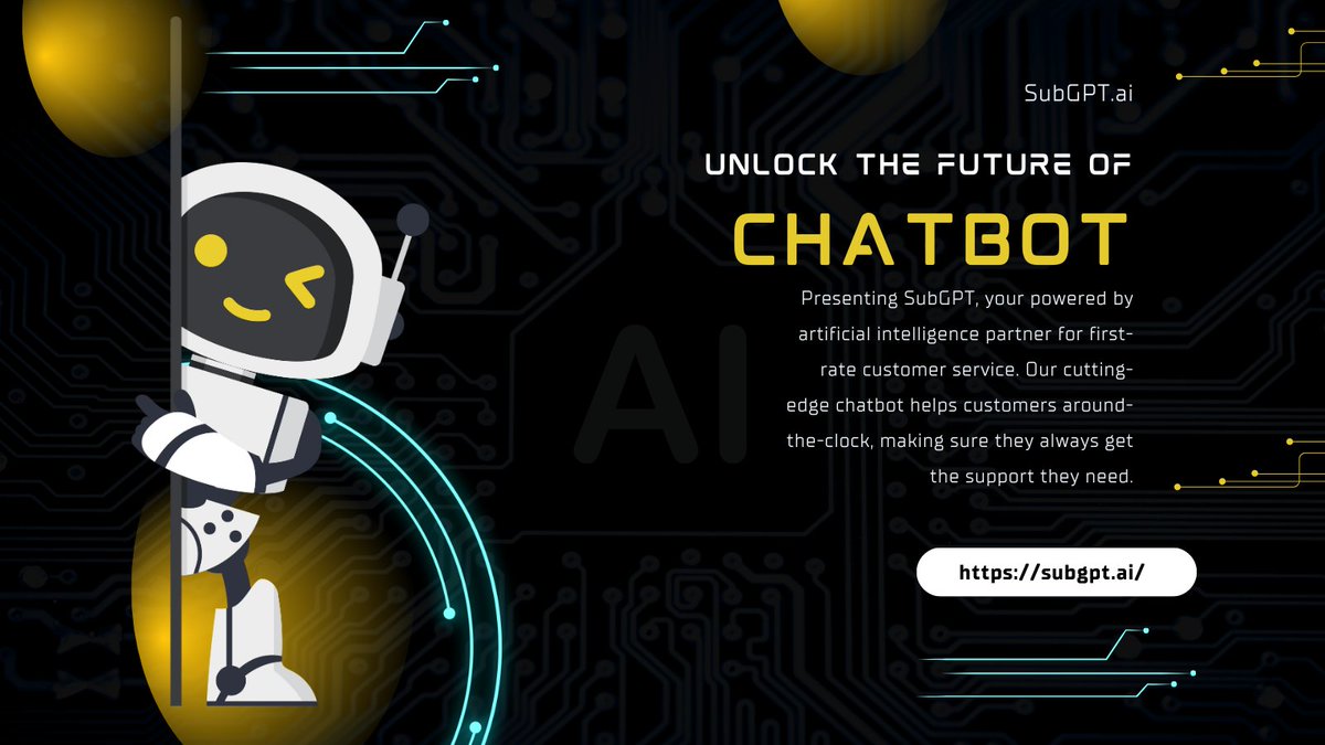 subgpt's tweet photo. Transform the way you provide customer service! With its round-the-clock assistance, SubGPT's AI chatbot will make you feel more satisfied and provide you a competitive edge. 
Visit our website: https://t.co/3aQzXC4cyY

#FutureTech #AI #ClientCare #わたしの宝物 #TOBE緊急生配信 https://t.co/KvesBiYGm0