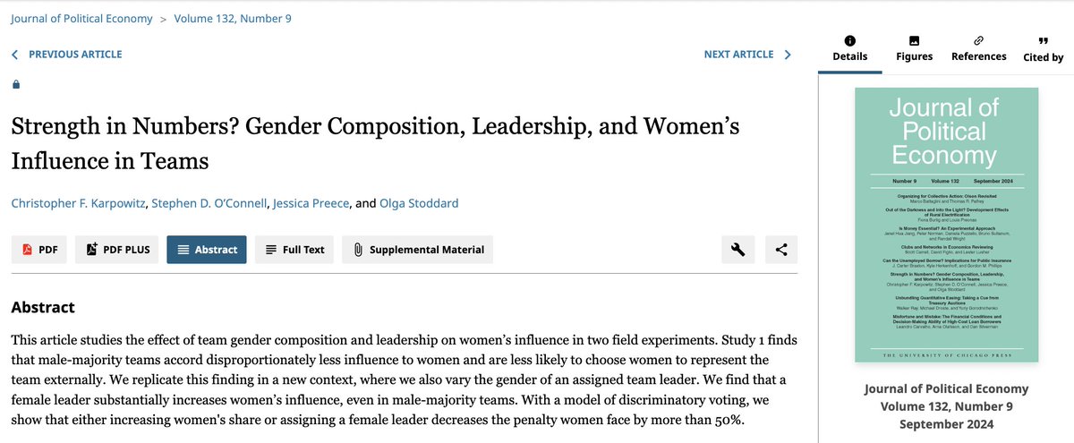 Olga Stoddard (@olgastoddard) on Twitter photo Surreal to see my paper w/<a href="/ProfKarpo/">Chris Karpowitz</a>, <a href="/jrpjrpjrp/">Jessica Preece</a>, & <a href="/steveoconnell1/">Stephen D. O'Connell</a> in print <a href="/JPolEcon/">JPE</a>!
TLDR: When women are a minority in teams, they experience a significant influence penalty. Assigning a female team leader, however, reduces that penalty by 50%.
Detailed 🧵below: Surreal to see my paper w/<a href="/ProfKarpo/">Chris Karpowitz</a>, <a href="/jrpjrpjrp/">Jessica Preece</a>, & <a href="/steveoconnell1/">Stephen D. O'Connell</a> in print <a href="/JPolEcon/">JPE</a>!
TLDR: When women are a minority in teams, they experience a significant influence penalty. Assigning a female team leader, however, reduces that penalty by 50%.
Detailed 🧵below:
