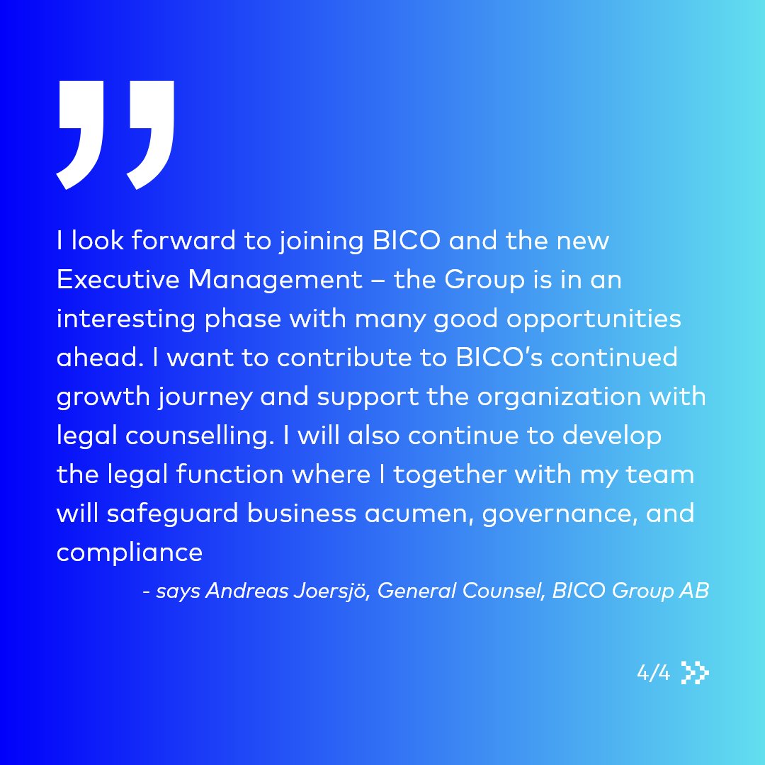 theBICOgroup's tweet photo. Today we are happy to welcome Andreas Joersjö as our General Counsel. Andreas will be a great contribution with his 15+ years of experience working in an international business environment as General Counsel, lawyer, and advisor. 

#newGC #lifesciencelabofthefuture #BICO https://t.co/QrGh3whHn0