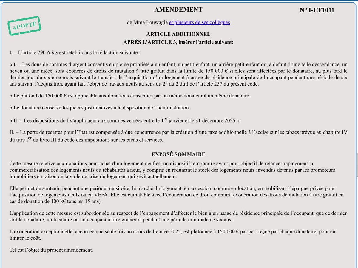 🤬 Scandaleux !

En commission des Finances, la Droite Républicaine et le bloc central font adopter une exonération d'impôt sur une donation de 150.000€ à un enfant ou un petit-enfant pour l'achat d'un logement neuf.

👉 Les familles d'ultra-riches vous remercient !

#DirectAN