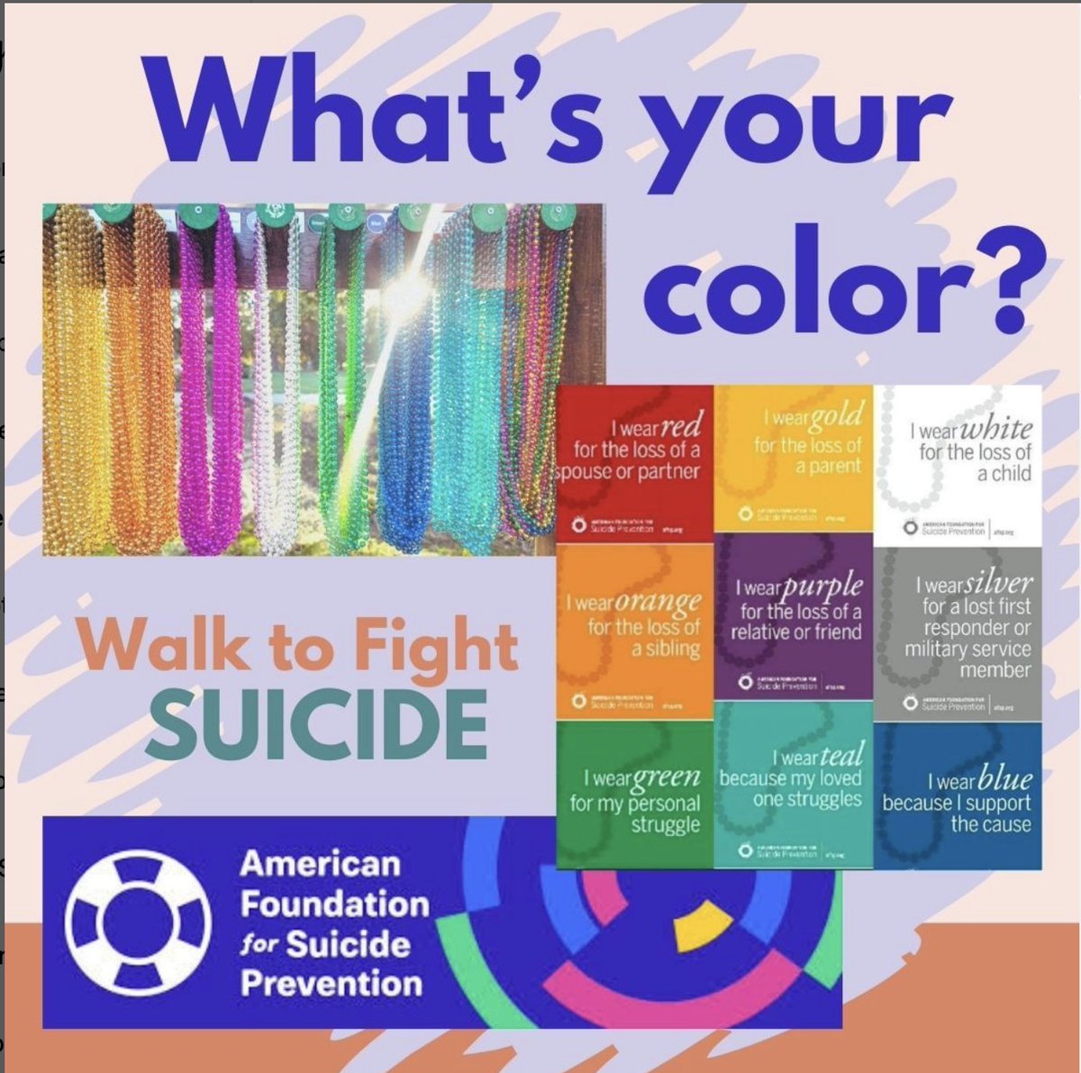 WHAT'S YOUR COLOR? Each color shows our personal connection to suicide prevention and helps us identify others who understand our experience. 🦋

Join us this Saturday, October 19, 2024, for a two-mile walk around IUS campus. Now more than ever, it's important to be there for one