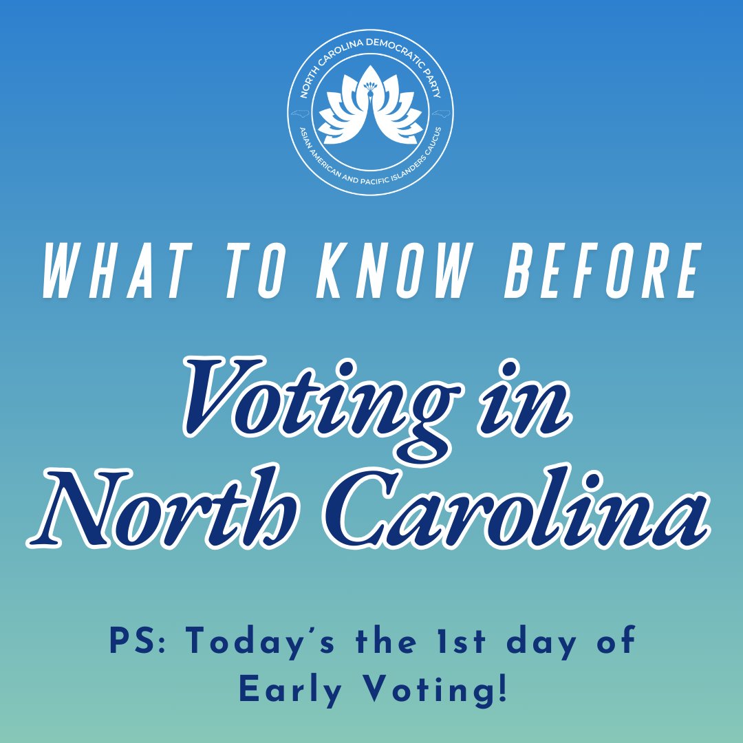 aapi_ncdp's tweet image. Today’s the FIRST day of Early Voting, so here’s our guide to voting in NC!

Questions? Call the voter protection hotline, go to iwillvote.com, or send us an email!

#aapi #ncpol #ncdemocrats #harriswalz2024