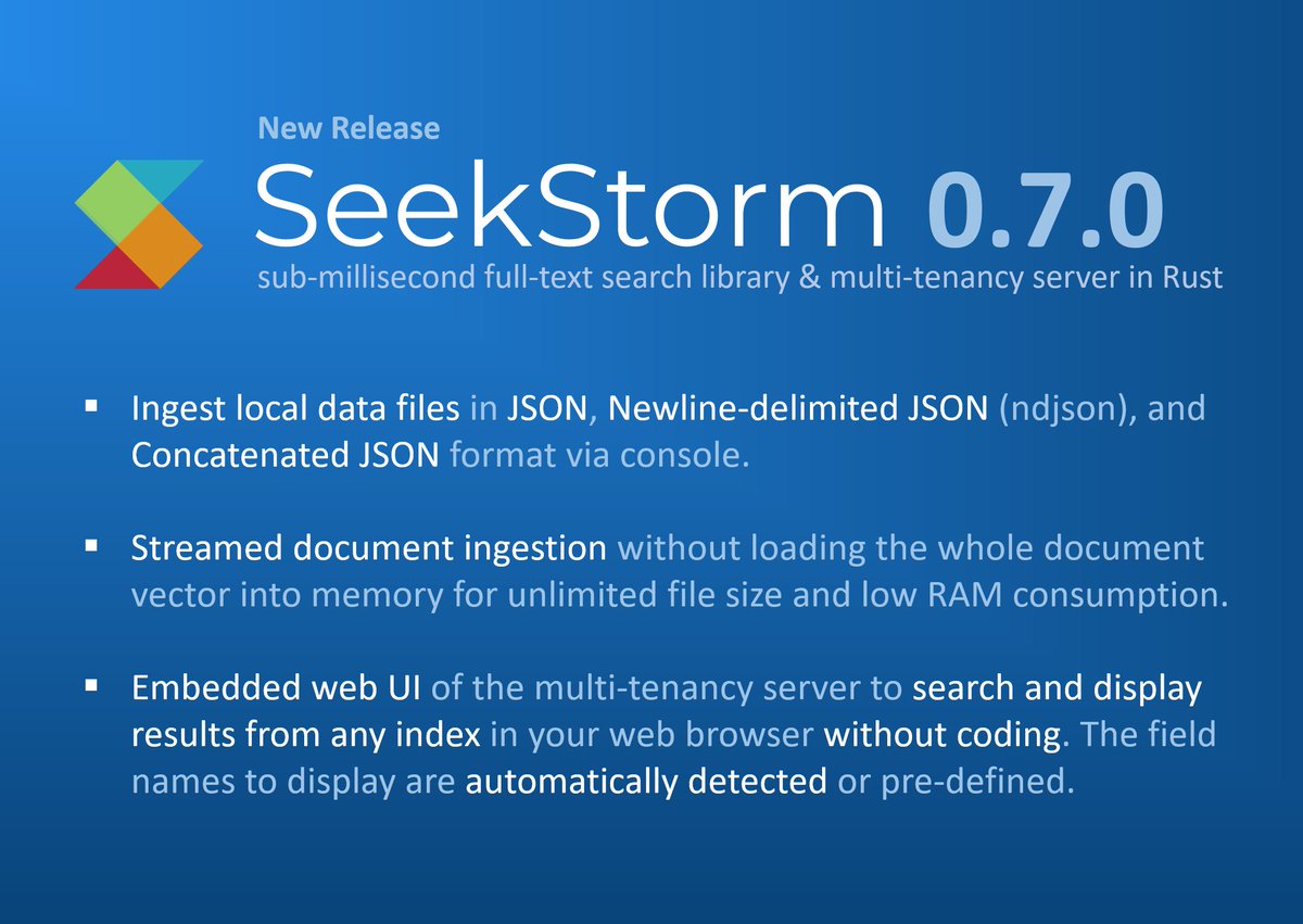 𝐒𝐞𝐞𝐤𝐒𝐭𝐨𝐫𝐦 𝐯𝟎.𝟕.𝟎 now allows to 𝐢𝐧𝐠𝐞𝐬𝐭 𝐥𝐨𝐜𝐚𝐥 𝐉𝐒𝐎𝐍 𝐟𝐢𝐥𝐞𝐬 and to automatically display any index in the 𝐖𝐞𝐛 𝐔𝐈 without coding.
github.com/SeekStorm/Seek…
#Search #LexicalSearch #Rust #OSS