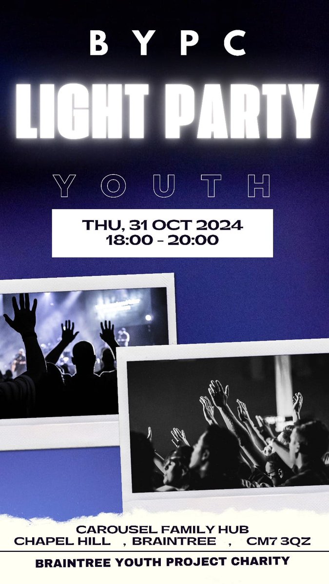 Rock Steady Workshop and Light Party.
31st of October.

We have two events coming up at the end of the Month. Both at the Carousel Centre (CM7 3QZ)

Rock Steady Band Workshop
forms.office.com/e/Xvg45GmX9Q

Light Party (alternative to Halloween) 
forms.office.com/e/EjeNfZMtns