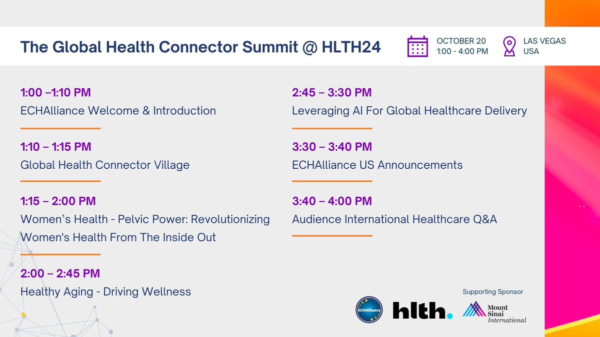 ECHAlliance's tweet photo. Do not forget our Partner Programme at @HLTHEVENT Las Vegas on Sunday 20 October! 

Three hours focused on Women’s Health, Healthy Ageing, and the transformative role of #data and #digital innovation.

Schedule the sessions you want to attend: https://t.co/UutXPes7jJ https://t.co/bORbP1UVvG