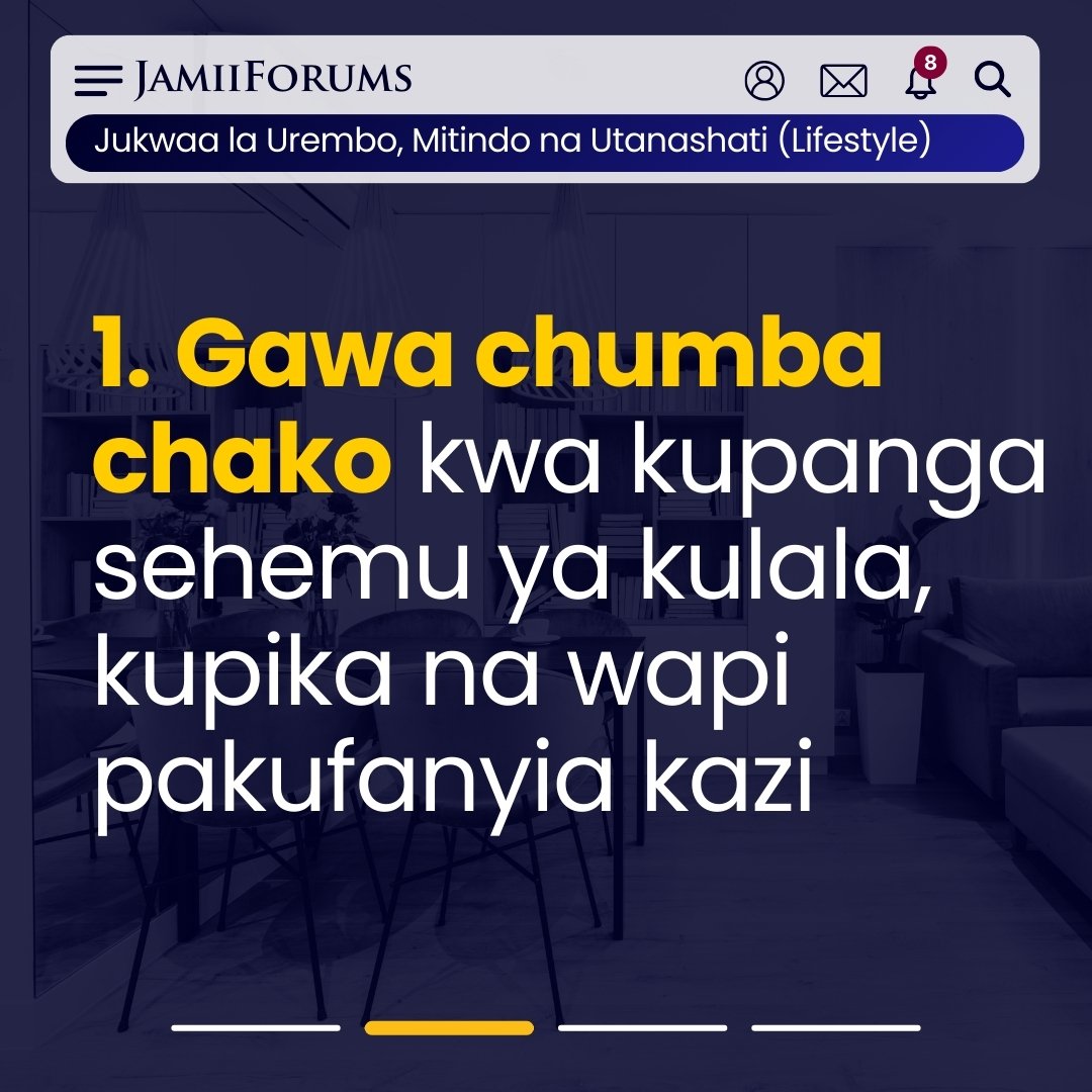 JamiiForums's tweet photo. Mdau wa Jukwaa la #Urembo, Mitindo na Utanashati (Lifestyle) ndani ya https://t.co/dDd21Ugmlv ametoa ushauri wa jinsi ya kupangilia chumba kimoja (Single room) na kukifanya kivutie

Anasema ni muhimu kuzingatia ukubwa wa chumba unavyopangilia Vitu kwa kupima upana na urefu wa chumba

Amedai ni muhimu kuzingatia suala la Usafi na kuepuka kuwa na vitu visivyo na umuhimu ili kukipa chumba chako mwonekano bora na wa kuvutia

Soma https://t.co/0FmAiIDg8I

#JamiiForums #JFLifestyle
