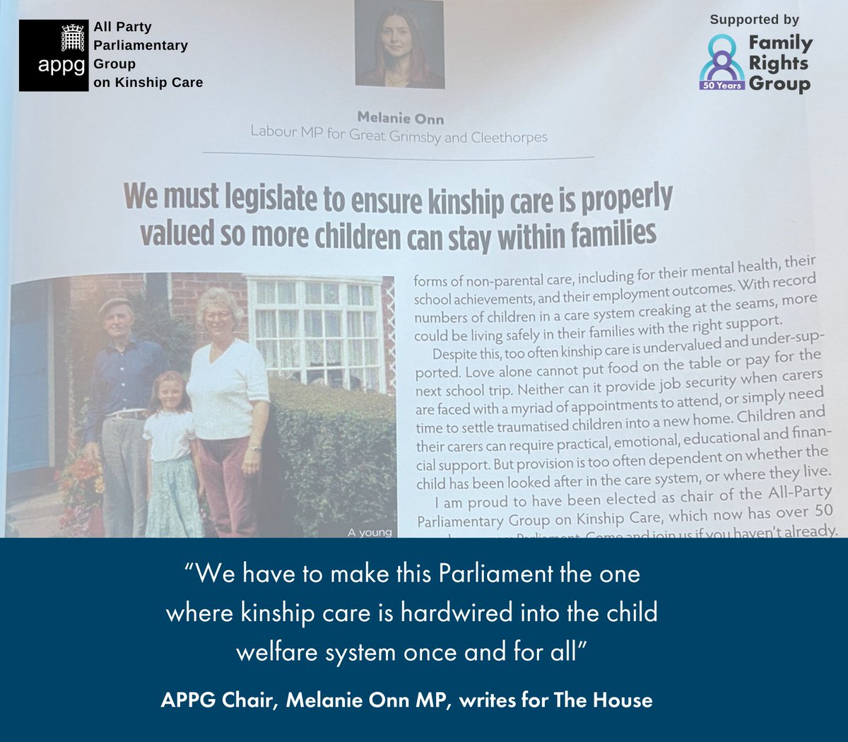 "We have to make this Parliament the one where kinship care is hardwired into the child welfare system"

Our Chair <a href="/melanie_onn/">Melanie Onn MP</a>
writes in this week's edition of <a href="/TheHouseMag/">The House magazine</a>.

Available to read on <a href="/politicshome/">PoliticsHome</a> soon 👀