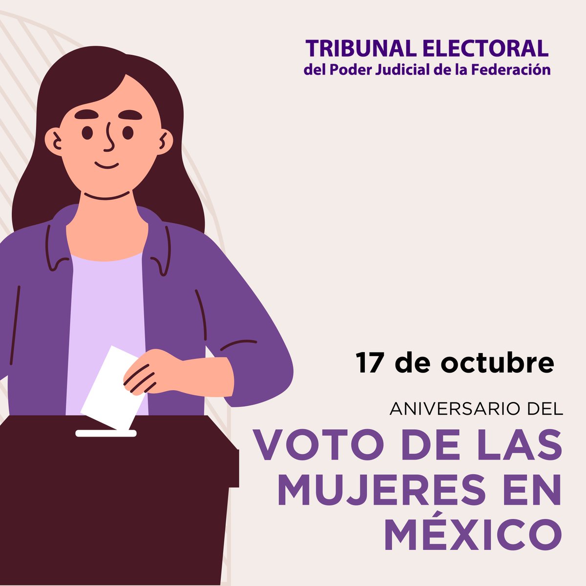 TEPJF_informa's tweet photo. El 17 de octubre de 1953 se reconoció en México el derecho de las mujeres a votar y ser votadas.

El #TEPJF juzga con perspectiva de género para garantizar el ejercicio pleno de sus derechos político-electorales en un marco libre de violencia.
 
  #TuTribunal https://t.co/uiOfiaLv5z