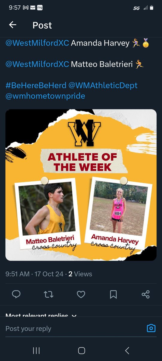 It's an XC sweep for athletes of the week! Way to go Amanda and Matteo. 
#NoeXCuses 
#hardworkpaysoff 
#wmxcfamily