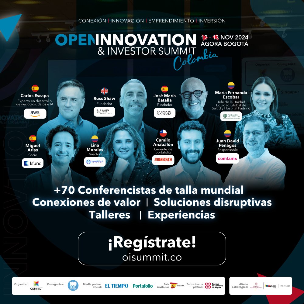 InnpulsaCol's tweet photo. Seremos parte del Open Innovation &amp; Investor Summit Colombia, el evento de innovación más importante de América Latina 🚀💡.

Nos vemos el 🗓12 y 13 de noviembre en 📍Bogotá.

Registros en 👉🏽 https://t.co/rUk7Yje25F

#OISUMMIT2024 https://t.co/7QW2EKBbGZ