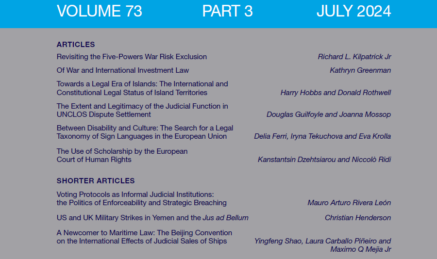 Have you read the latest issue of the ICLQ? 

It contains articles on a mix of topics including law of the sea, international investment law, international humanitarian law and the practice of international courts.

All articles are #OpenAccess. 

cambridge.org/core/journals/…