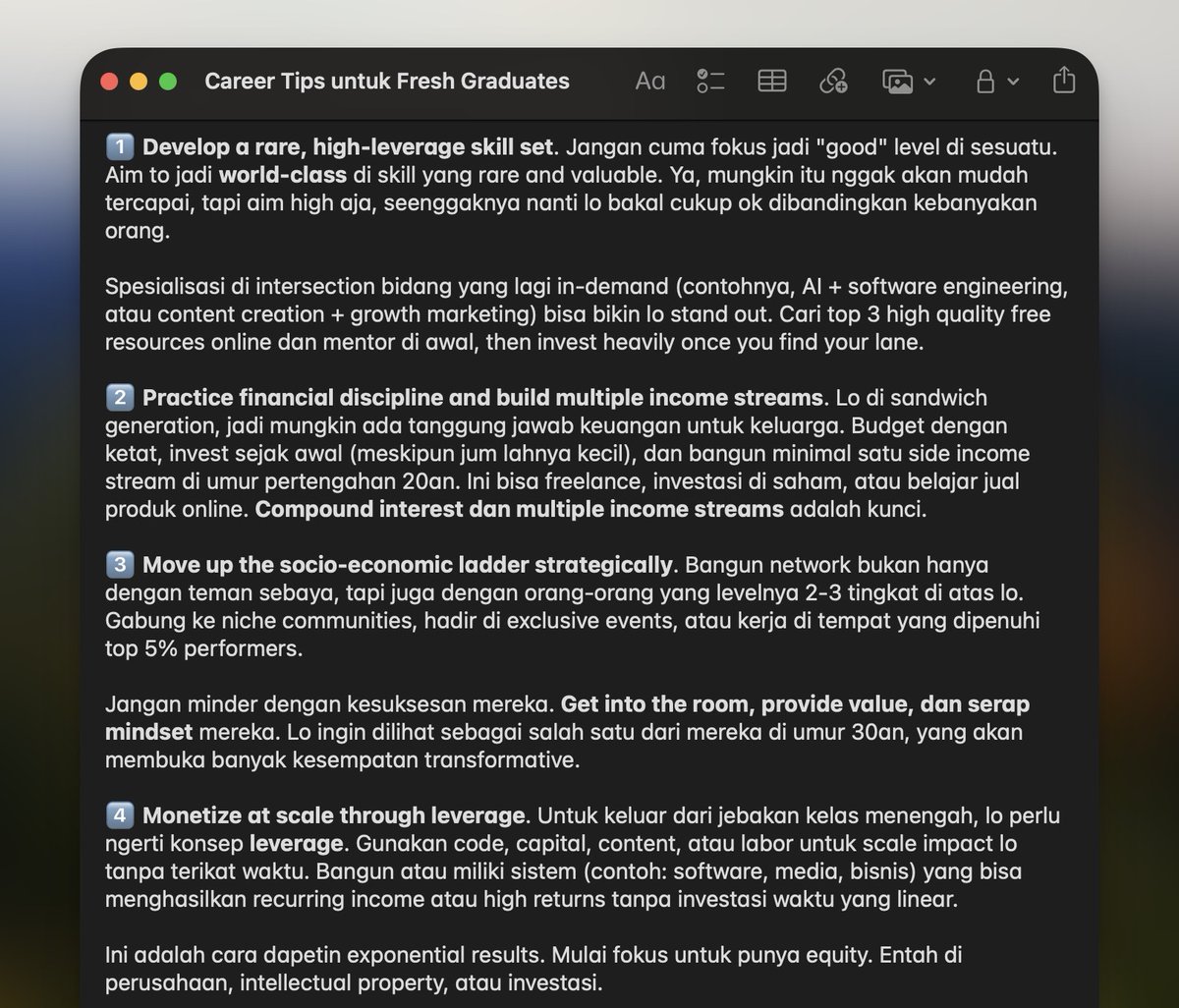 oianas_'s tweet photo. Career advices buat fresh graduate yg ngerasa gak punya skill, hopeless, dan sandwich generation. 

Supaya minimal dapet kesempatan besar buat achieve "good enough success" yang bisa ngerubah hidup lo di umur 30an.

*Dari yang umur 30an awal berharap tau hal2 ini 10 tahun lalu.
