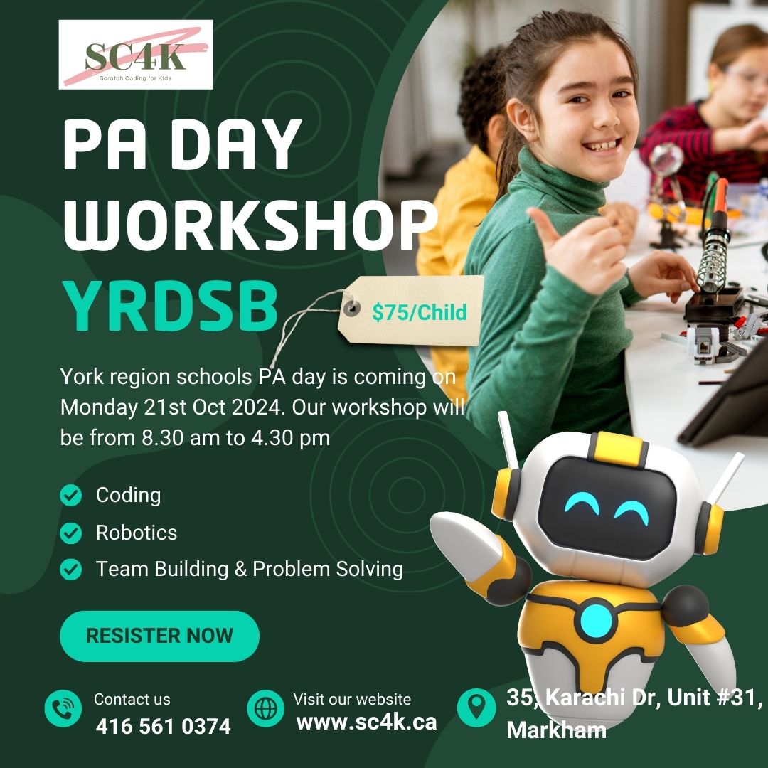 CodingforKidsVW's tweet image. York Region schools have a PA Day on Monday, October 21st. Join us for a PA Day Workshop at our Markham Centre from 8:30 AM to 4:30 PM!