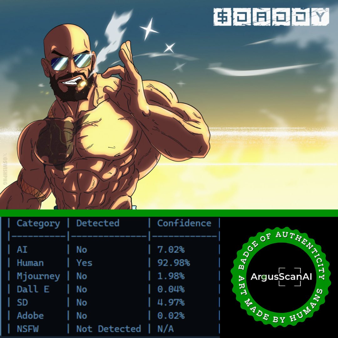 argus_ai's tweet photo. $DADDY's art has the ARGUS AI authenticity badge for being 100% made by human hands. A true work of art, isn't it?

@Cobratate https://t.co/2SbPnWagRh