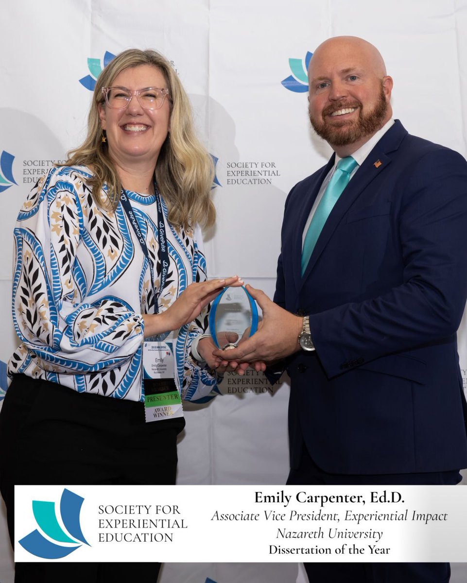 Congratulations to Emily Carpenter, Ed.D., BCC who was recognized with the Dissertation of the Year Award during the Society for Experiential Education Annual Conference. 

Dr. Carpenter's dissertation can be found here: repository.library.northeastern.edu/files/neu:4f23…

<a href="/Nazuniversity/">Nazareth University</a> <a href="/Northeastern/">Northeastern U.</a>