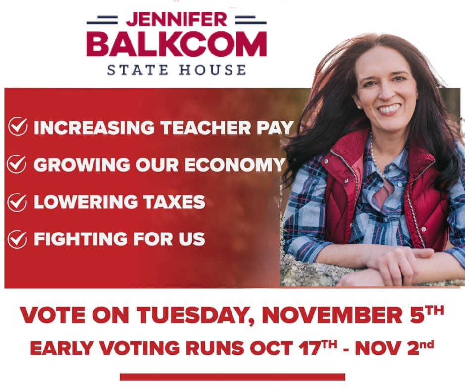 JenBalkcom's tweet photo. βοΈEarly voting starts today! It's been an honor to serve you. I am asking for your vote! π³
Thank you!
#NCHOUSE117 #BALKCOM4NC #balkcom4house
https://t.co/dMrNffB74E https://t.co/9x8Xfpk0fw