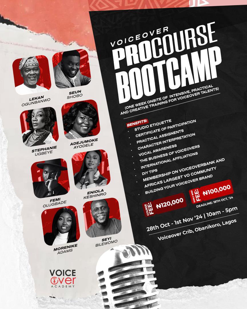 Looking for how to get your voice to the next level of earning for you? You should first of all learn the ropes! Here’s a course that gives you insight into the #voiceover space. You should register as seats are limited! Early bird ends tomorrow! Go to voiceoveracademyng.com/register/