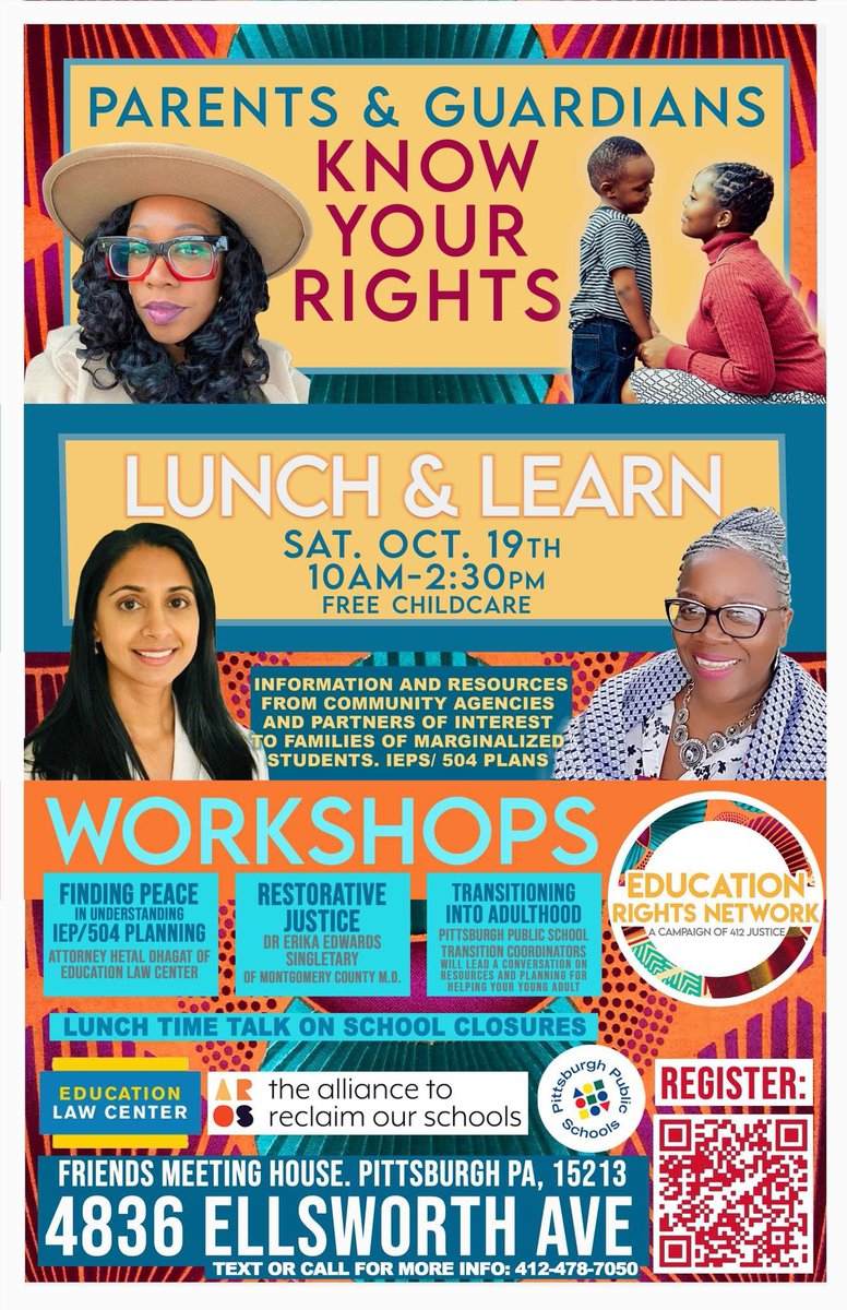 SAT. 10am 
Does your child have an IEP or receive special education services? 

This weekend join us for our -
Know Your Rights LUNCH &amp; LEARN 
Free event w/ childcare &amp;  lunch.
Get the guidance you need! Workshops by experts. 
Register: 
forms.gle/7rYHcGdtiMX6UA…