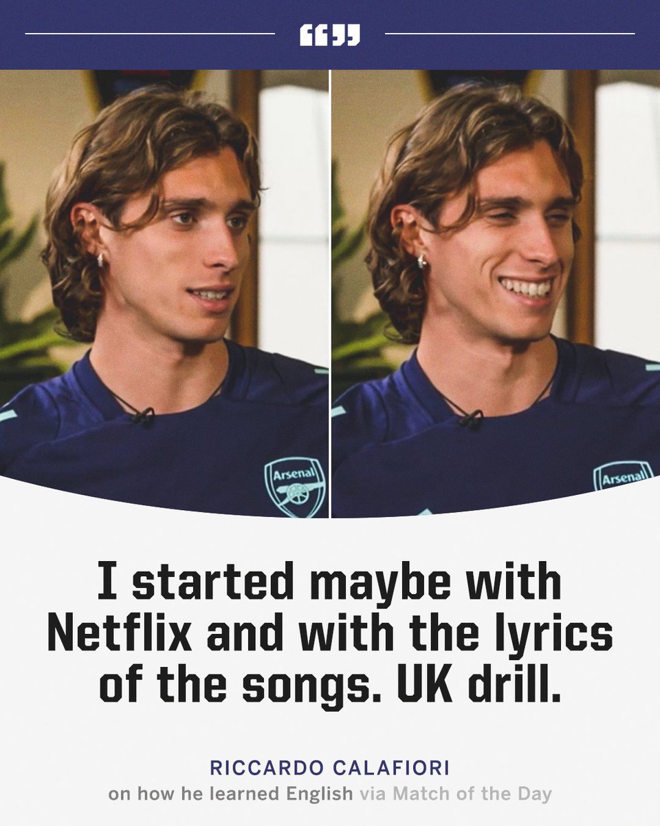 ESPNUK's tweet photo. Riccardo Calafiori has revealed he learned English by listening to UK drill 😅 https://t.co/WvD9PGBX3S
