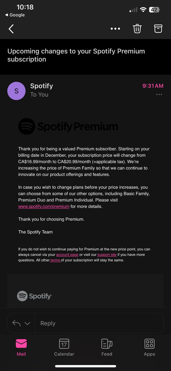 toriparis_'s tweet photo. A $4/month increase?! Daaaawg I’m gonna have to start choosing between food &amp; @Spotify at this rate 😩 https://t.co/Zmw2ZBy590