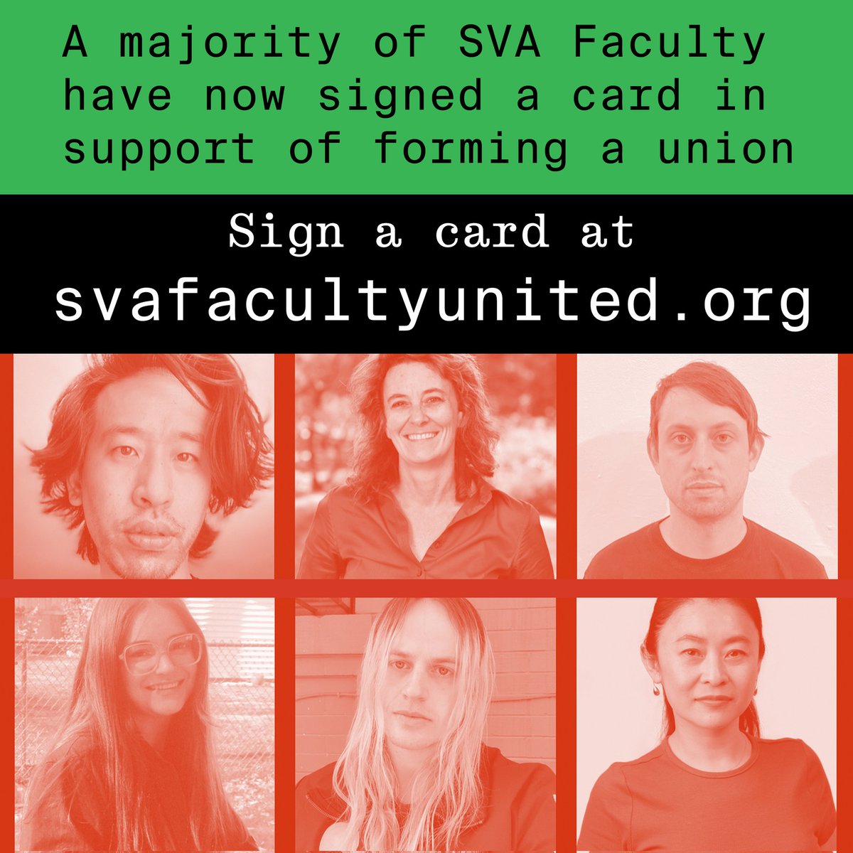 svafac_uaw's tweet photo. MAJORITY SUPPORT FOR OUR UNION! A majority of SVA faculty have now signed a card in support of forming a union.
#svanyc #svafacultyunited #svaunion #nyc #uaw #union https://t.co/FfGf7X0KAP