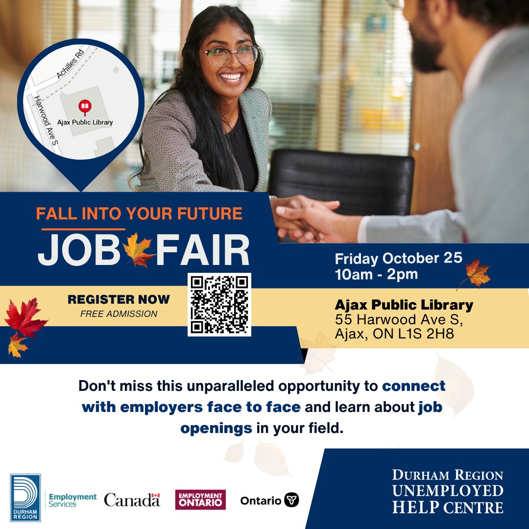 denc_canada's tweet image. Join us at the Fall Into Your Future Job Fair on October 25th, 10 AM - 2 PM at Ajax Public Library! Free admission. Register by October 24: unemployedhelp.on.ca/fallintoyourfu… #JobFair2024 #DurhamJobFair