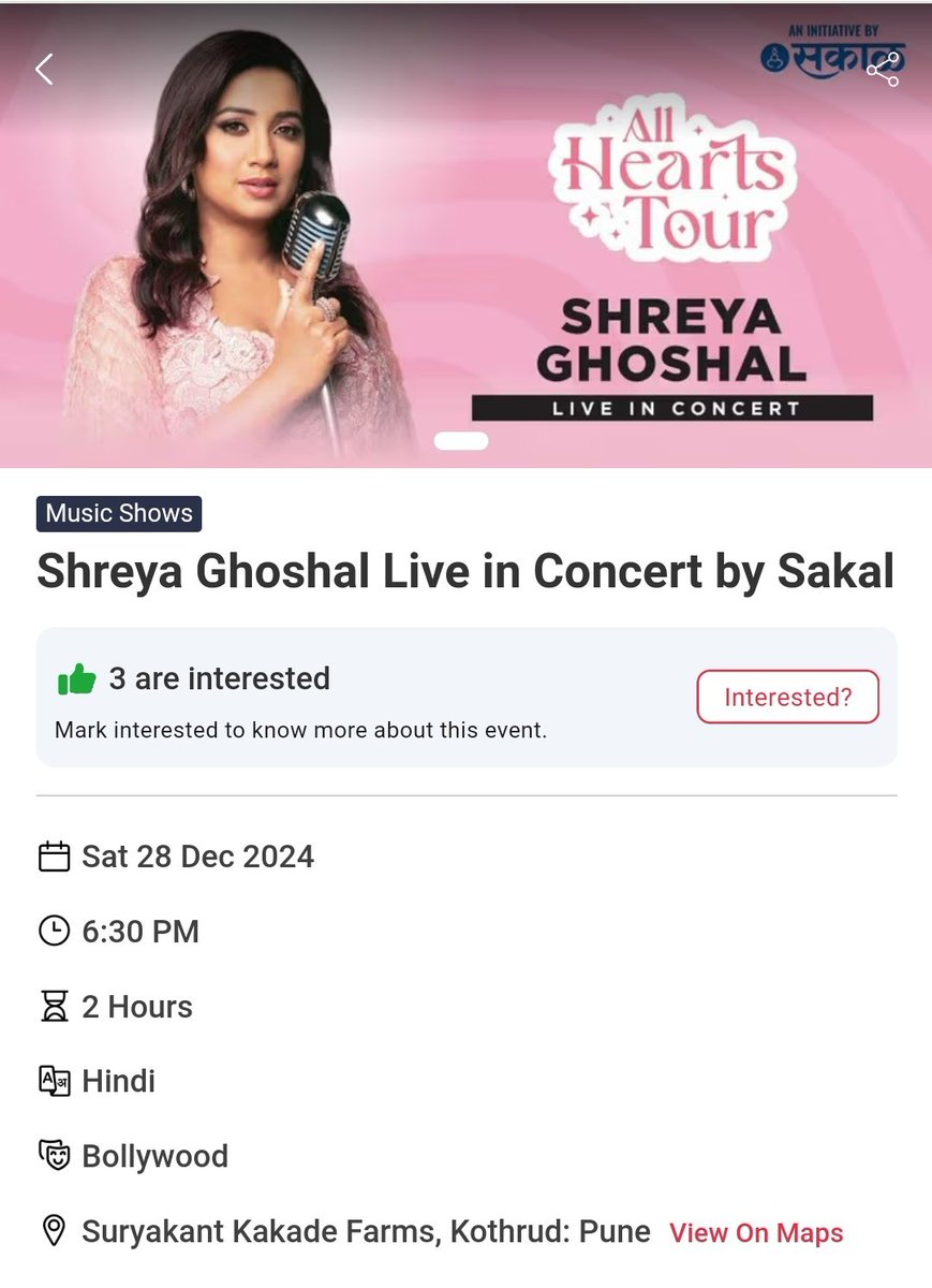 SonaSsg's tweet photo. Bliss my TL wooooo!
@shreyaghoshal live in #Pune at Suryakant kakade farms on #28thDecember❤
Last time I enjoyed her concert omgggggg! Hoping for the best!
#AllheartsTour https://t.co/sJza3Be8Vk