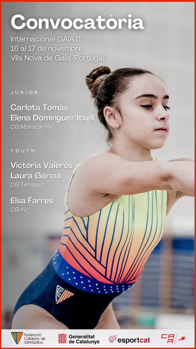 🚨 𝗖𝗢𝗡𝗩𝗢𝗖𝗔𝗧𝗢̀𝗥𝗜𝗔 | Aquesta és la llista de gimnastes del <a href="/CARSantCugat/">CAR Sant Cugat</a> que participaran a l'Internacional de Gaia que es celebrarà a Vila Nova de Gaia (Portugal) del 16 a 17 de novembre. 🏆🇵🇹

Aneu fent maletes que ben aviat sumareu una experiència internacional! 🧳✈️