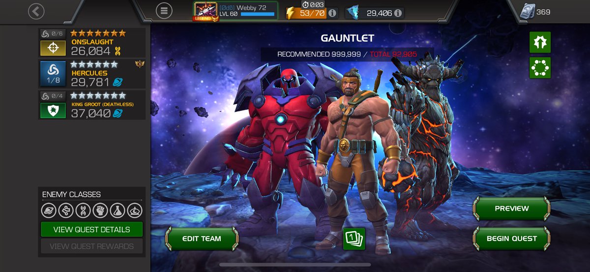 So, <a href="/MarvelChampions/">Marvel Contest of Champions</a> in case this helps anyone, here’s gauntlet teams! Right side: warlock for toad, silk for destroyer, Kate for mm, silk + Kate for idoom (15 l3 team potions)

Left: KG for warlock, herc for photon + idoom (7 l1 revives), onslaught for mm (full heal 6 times)
