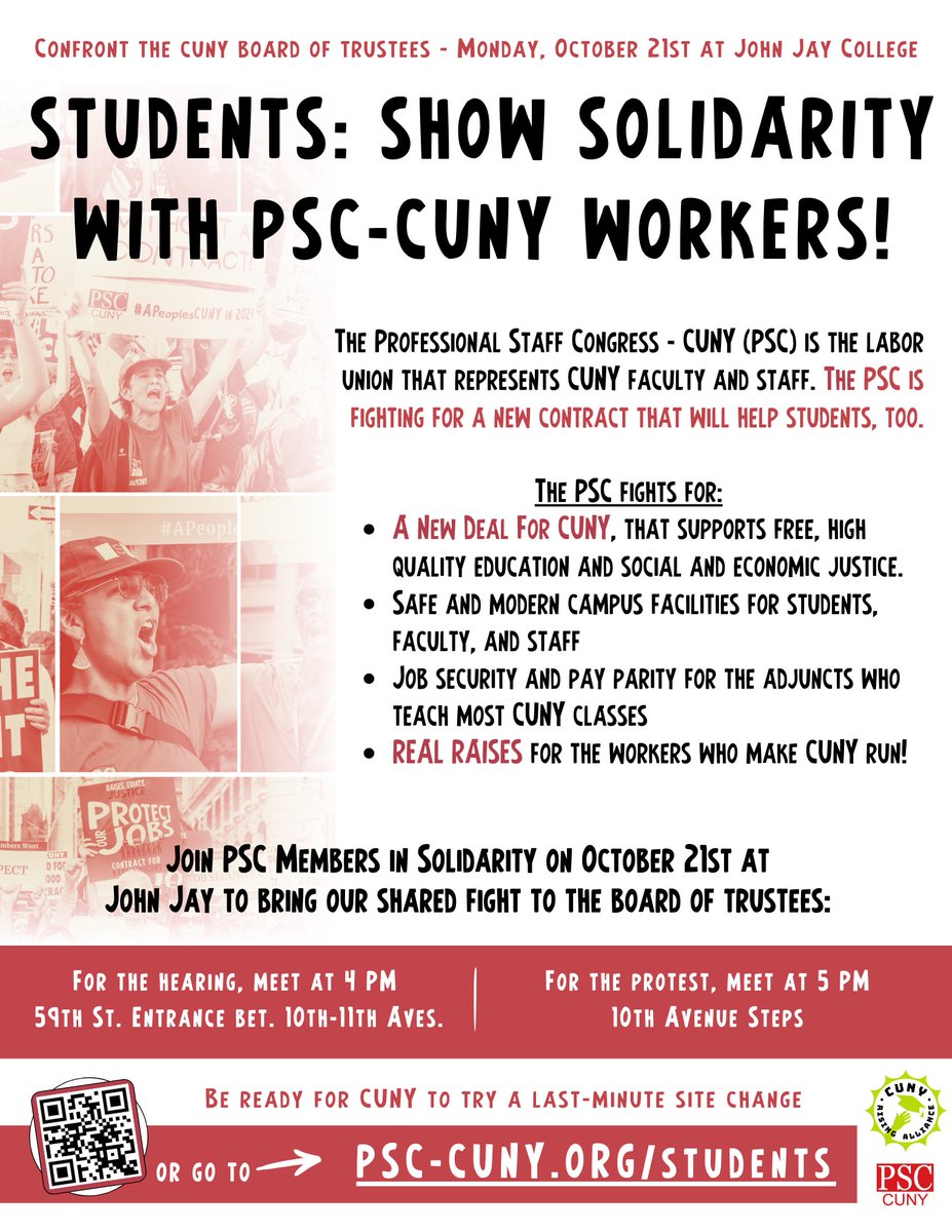 CUNYRising's tweet image. Support Your #CUNY Faculty &amp;amp; Staff!
Protest Oct 21 at John Jay College

For the Hearing be there at 4pm, then join a protest outside at 5pm. RSVP: tinyurl.com/SolidarityOct21

Deadline to sign up to testify is Fri. Oct 18: tinyurl.com/TestifyOct21

#Solidarity #APeoplesCUNY