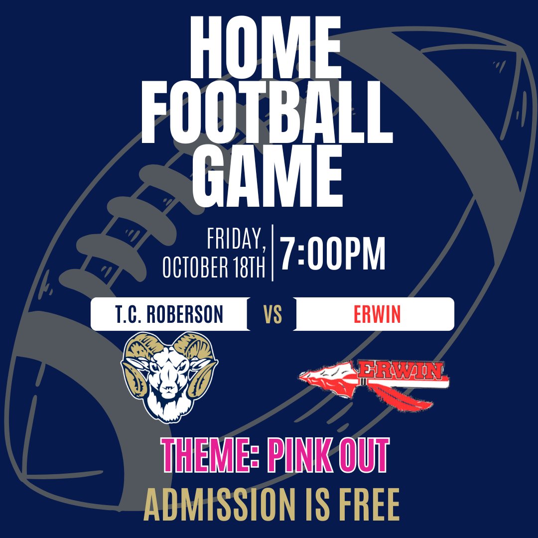 T.C. Roberson Athletics (@athleticstcr) on Twitter photo 🚨 SCHEDULE UPDATE 🚨
Tomorrow's football game against Erwin will now be at 7:00 PM!
✨ Admission is FREE! ✨
Make sure to stop by our concession stand!  
#GoRams #WeAreRoberson 🚨 SCHEDULE UPDATE 🚨
Tomorrow's football game against Erwin will now be at 7:00 PM!
✨ Admission is FREE! ✨
Make sure to stop by our concession stand!  
#GoRams #WeAreRoberson