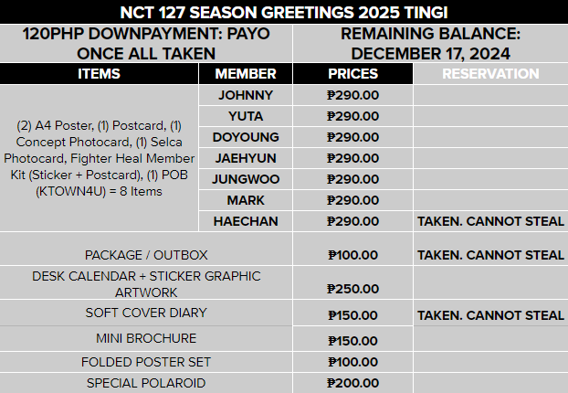 fandomies_ph's tweet photo. WTS / LFB PH  

[#fandomies_tingi] 
NCT 127 2025 SEASON GREETINGS TINGI [KTOWN4U POB]  
📦 NORMAL ETA 
🗓️ DOP: 120 PHP DP
🗓️ REMAINING: 12/17

❎ ALL ITEMS MUST BE TAKEN TO PUSH THRU 
✅ Reply/DM MINE + MEMBER/ITEM
✅ Steal Basis https://t.co/rSjNbs2uzF