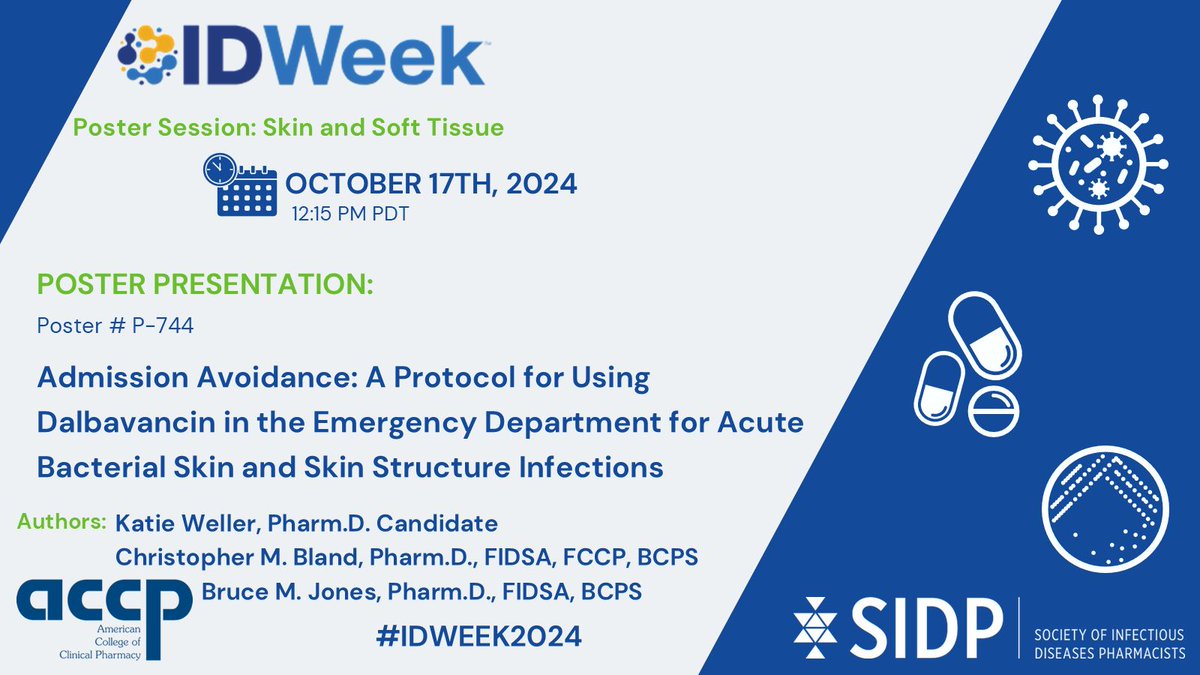 <a href="/IDWeekmtg/">IDWeek</a> <a href="/accpinfdprn/">ACCP INFD PRN</a> <a href="/amykangIDpharm/">Amy Kang</a> <a href="/JoannePharmD/">Joanne</a> <a href="/blandman19/">Chris Bland</a> <a href="/Bruce_M_Jones/">Bruce M. Jones</a> &amp; colleagues ... Evaluating data detailing patients receiving dalbavancin who were discharged from the emergency department 🏥 #IDWeek2024 #SIDP2024 <a href="/IDWeekmtg/">IDWeek</a> @sidpharm <a href="/accpinfdprn/">ACCP INFD PRN</a> (5/6)