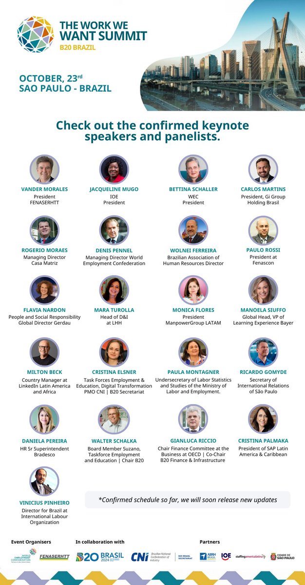 WECLatina's tweet photo. “The Work We Want Summit / B20 Brazil,” in collaboration with the B20 Summit will take place on October 23 in São Paulo. 

We are very excited that there are less than 7 days left until we see each other. 

Pre-register for the event. https://t.co/4O2edylGus https://t.co/M3WoysVtpj