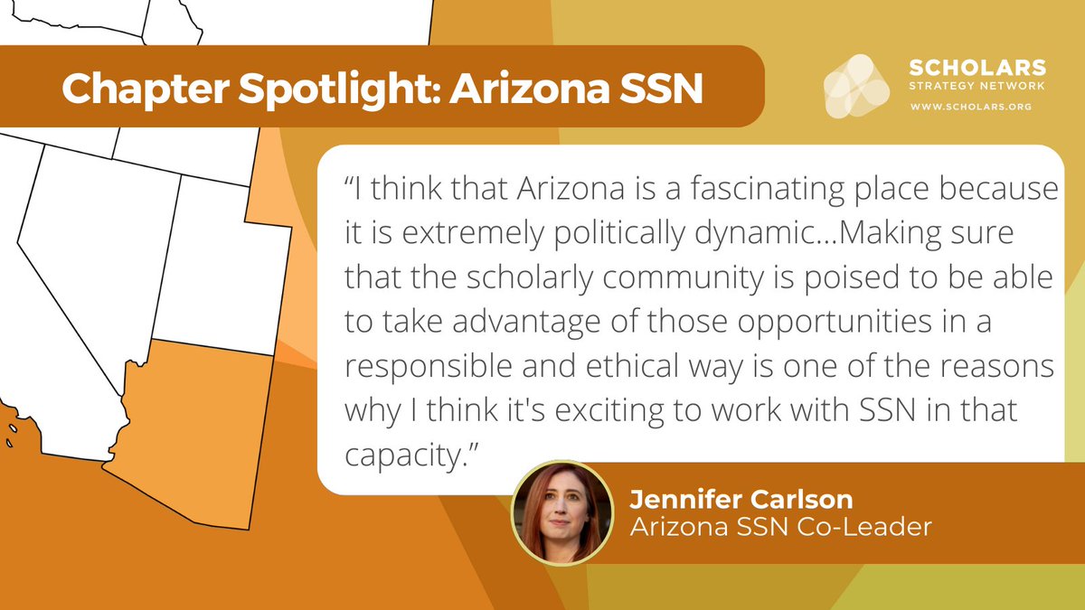 Scholars Strategy Network (bsky: @scholars.org) (@ssnscholars) on Twitter photo 🌵In many ways, Arizona is a policy laboratory. Recently launched by <a href="/jdawncarlson/">Jennifer Carlson, PhD</a> (@ASU_CSGS) & <a href="/B_Bartos/">Bradley J. Bartos</a> (<a href="/uazsgpp/">School of Government & Public Policy</a>), the new Arizona SSN chapter is bringing scholars together to drive policy change in the state.
Learn more in our chapter spotlight: scholars.org/features/chapt… 🌵In many ways, Arizona is a policy laboratory. Recently launched by <a href="/jdawncarlson/">Jennifer Carlson, PhD</a> (@ASU_CSGS) & <a href="/B_Bartos/">Bradley J. Bartos</a> (<a href="/uazsgpp/">School of Government & Public Policy</a>), the new Arizona SSN chapter is bringing scholars together to drive policy change in the state.
Learn more in our chapter spotlight: scholars.org/features/chapt…